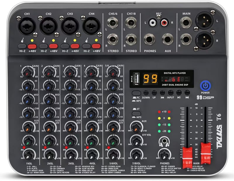 TKLBLS Audio Mixer, Studio Audio Sound Mixer Board, 6 Channel Unpowered Recording Mixers w/USB Audio Interface, DJ Mixer with 48V Phantom Power for KTV, Live Shows, Streaming, Conferences - Image 1